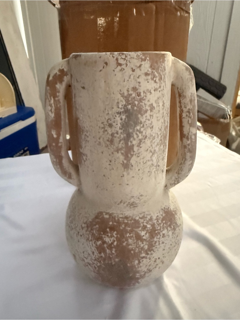 Artisanal Double-Handled Ceramic Vase in Cream and Brown
